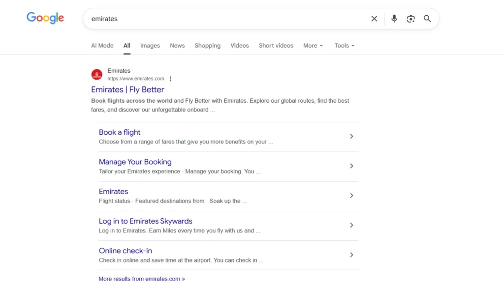 emirates website search result in google