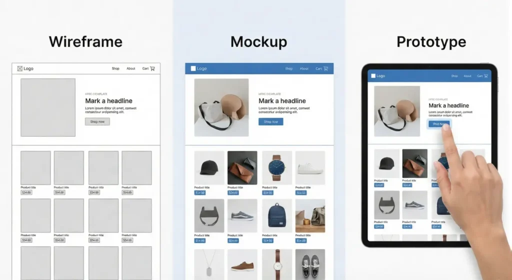 image showing the difference between wireframe, mockup and prototype