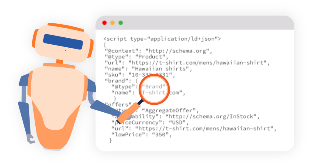 A cute robot with a magnifying glass zooming in on structured schema.org JSON-LD code for a product listing on a webpage