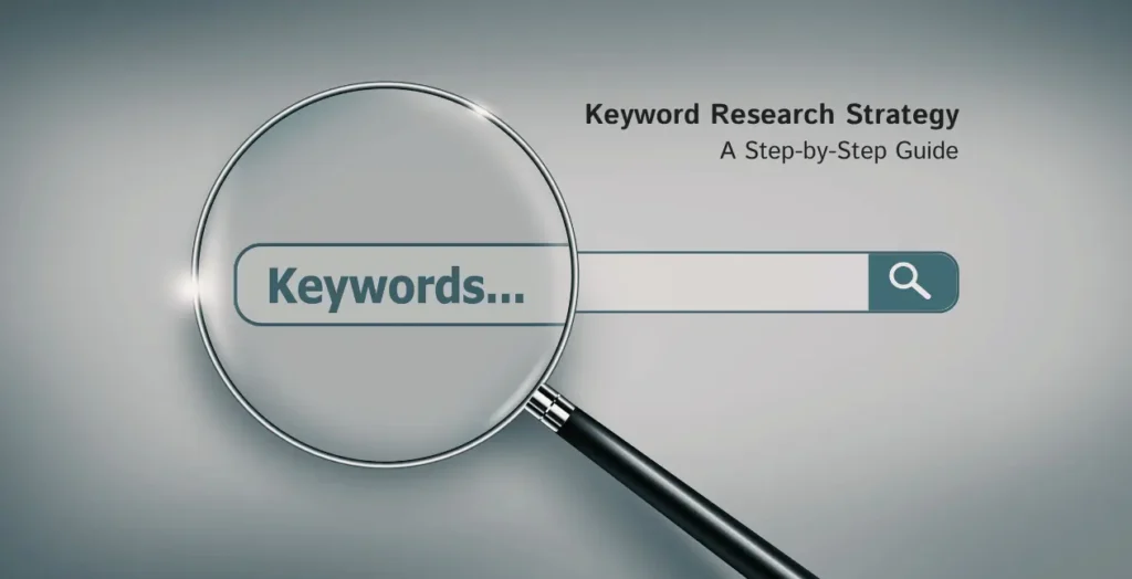Keyword research strategy infographic with magnifying glass and search bar.