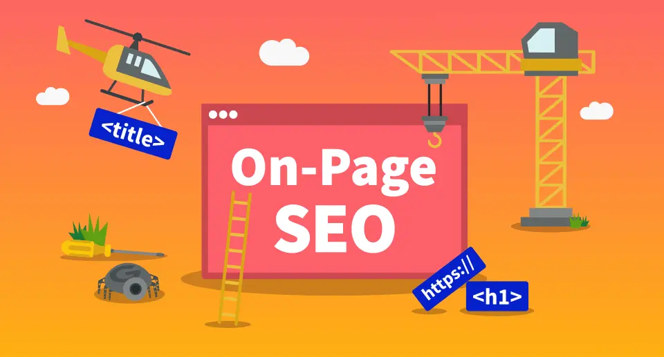 "SEO Services in Jumeirah: On-Page SEO infographic with crane, title tag, H1 and URL optimization elements"
