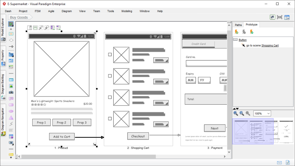 UI design in 2026 : e-commerce prototype with mobile wireframes – product page, shopping cart, payment screen, flow arrows Add to Cart → Checkout → Payment.
