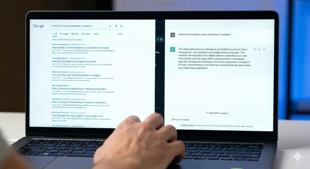 two tab in one screen, one is showing google search result and other one showing ai overviews result