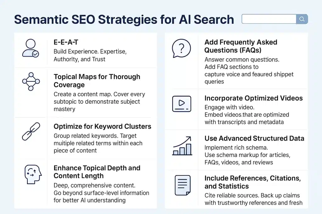 Infographic titled "Semantic SEO Strategies for AI Search" listing eight tactics: E-E-A-T, topical maps, keyword clusters, depth, FAQs, video, schema, and citations.