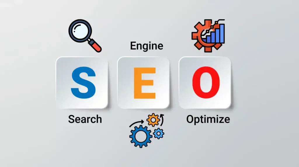 SEO Services in Jumeirah – modern SEO infographic with magnifying glass, engine and optimization icons.
