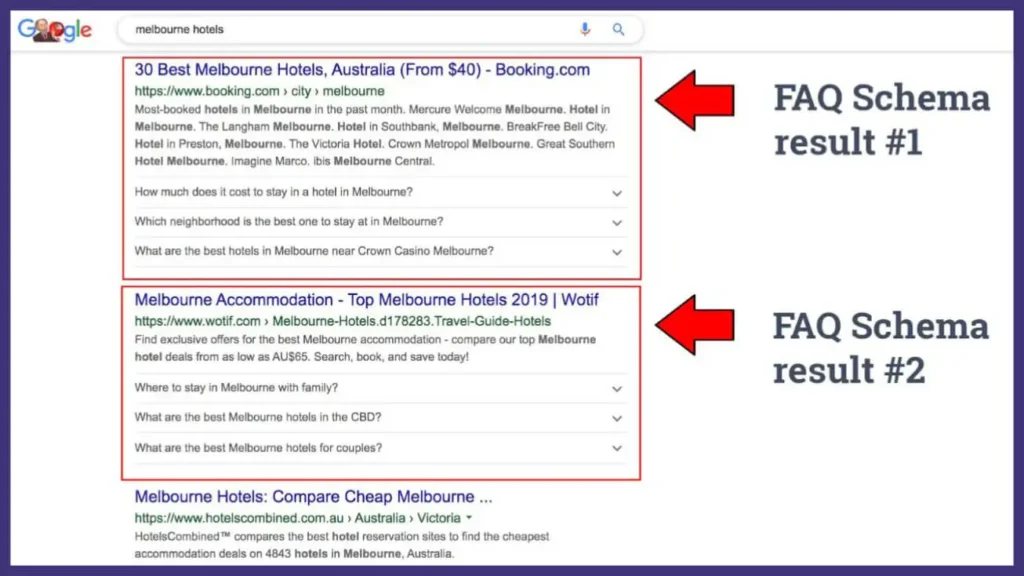 SERP screenshot for 'melbourne hotels' showing FAQ Schema rich snippets #1 from Booking.com and #2 from Wotif