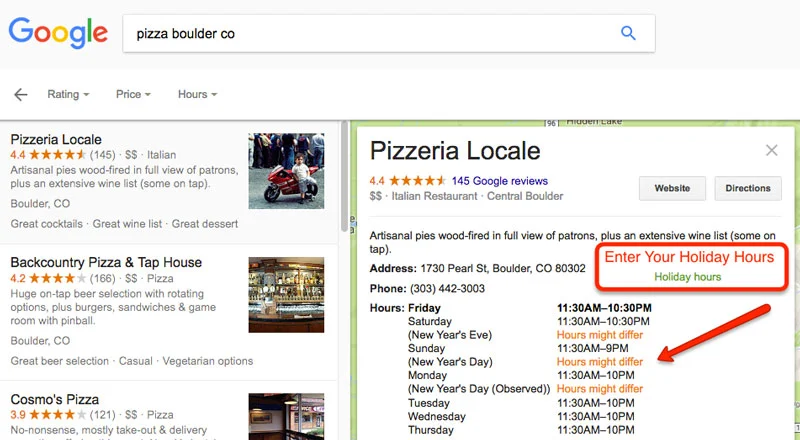 Google search result showing Local Business Schema Markup in action with rich snippets for holiday hours and star ratings.
