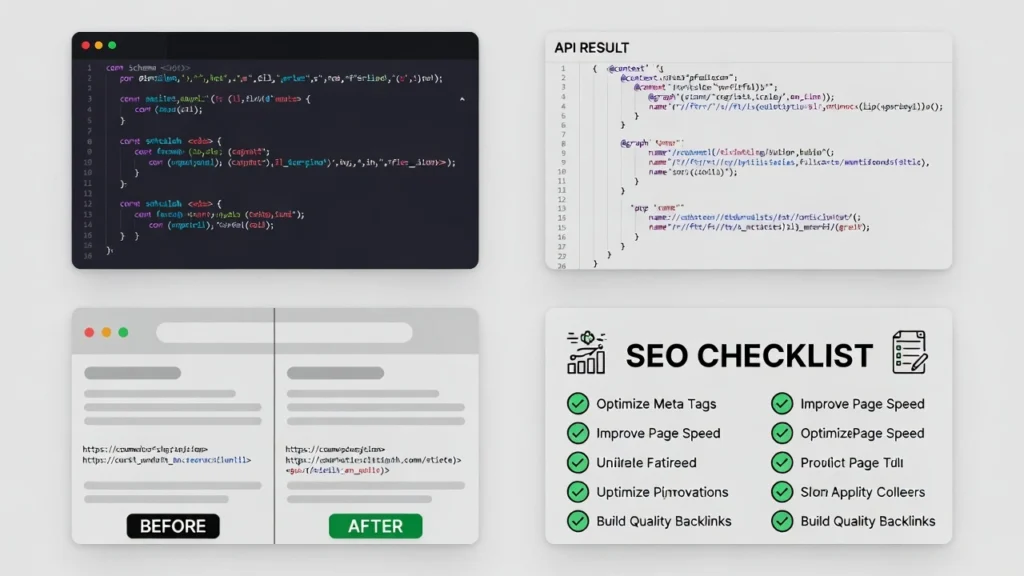 Brand Entity SEO before/after: code schema markup example, API result, website comparison & SEO checklist infographic.