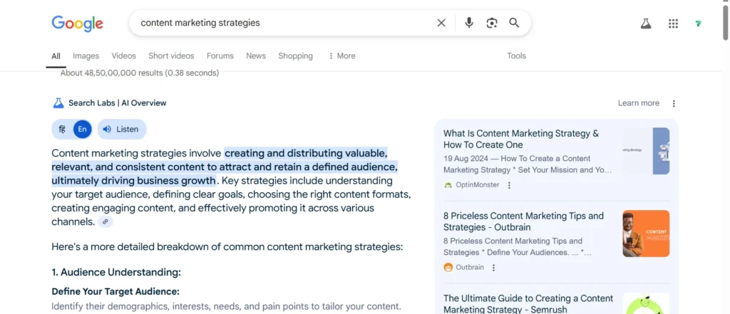 Google search result showing an AI Overview for "content marketing strategies" with source links.