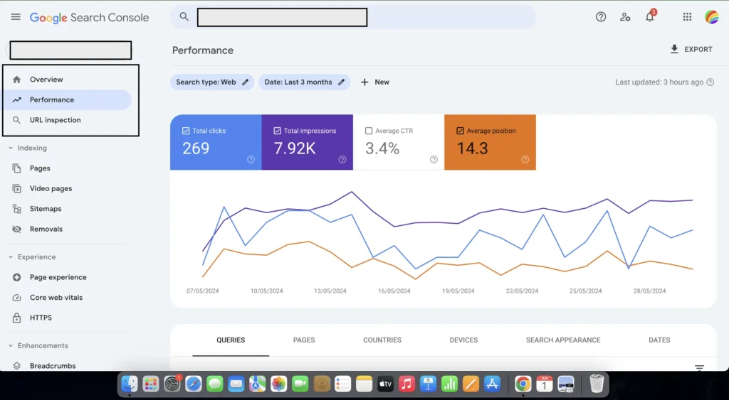 Google Search Console performance dashboard showing search clicks, impressions, and average position for a traditional SEO health check.