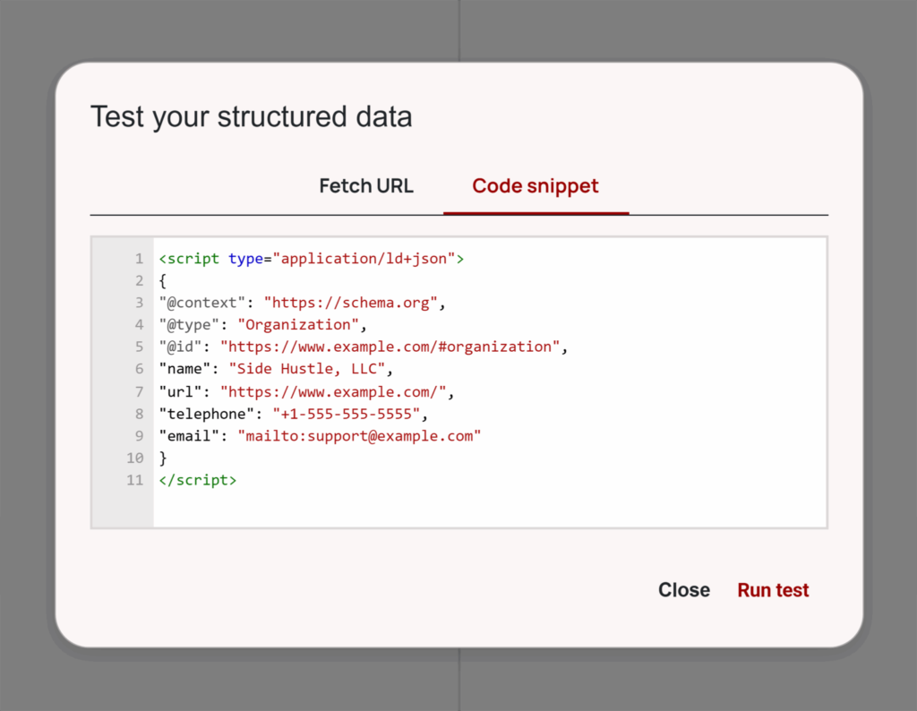 A screenshot of Google's structured data testing tool showing JSON-LD code for an Advanced Organization Schema to verify brand entity details.