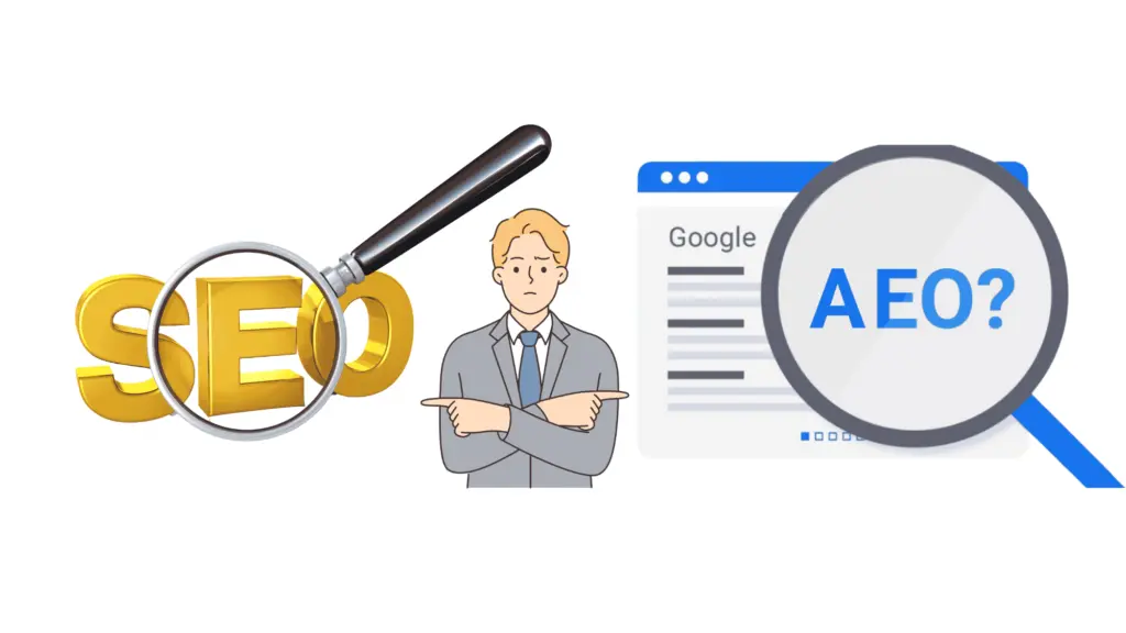 Comparison graphic of SEO vs AEO featuring a professional analyzing search engine evolution through a magnifying glass and Google interface.