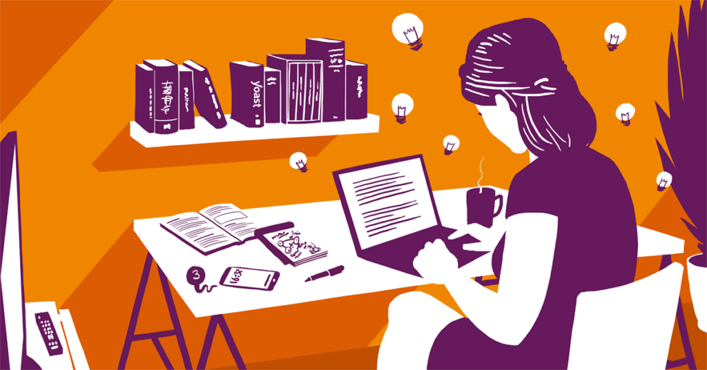 Illustrated woman working on laptop at desk with books, coffee, lightbulbs floating above, Yoast books on shelf, creative writing scene.