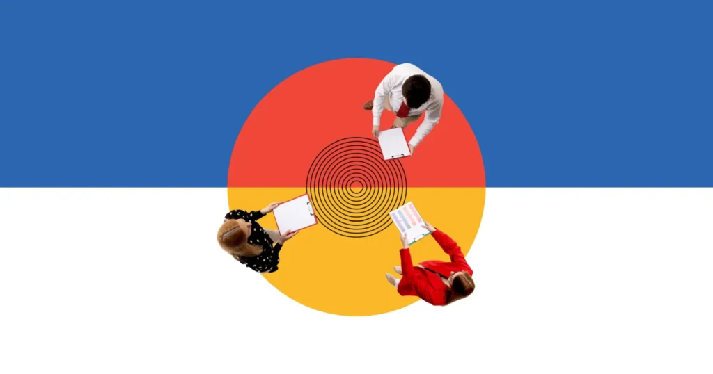 Overhead view of three people with clipboards around a target circle, representing a multimodal SEO strategy.