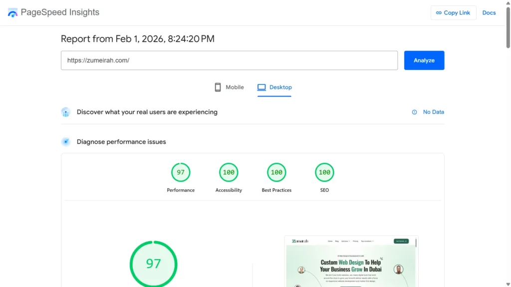 Google PageSpeed Insights report for Zumeirah.com showing a near-perfect 97 performance score and 100 in Accessibility, Best Practices, and SEO.
