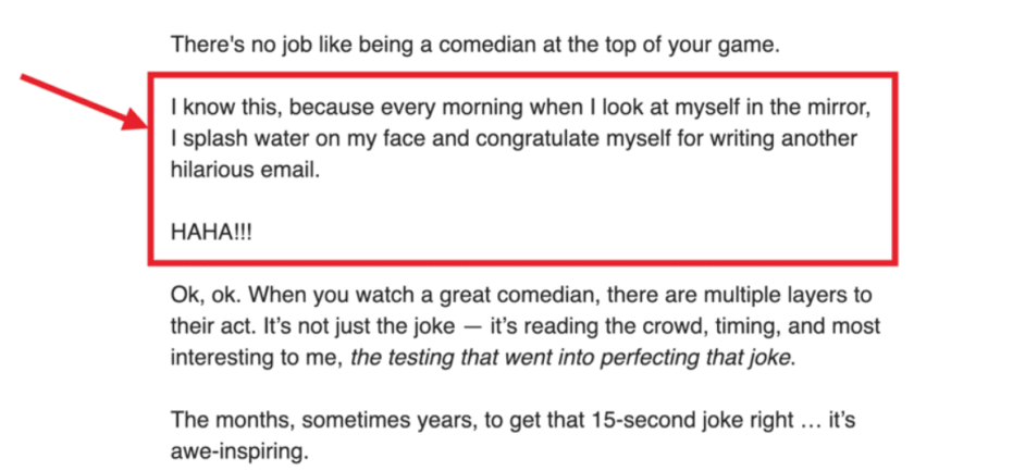 Screenshot of an email with a red box and arrow highlighting a humorous, personalized paragraph used as an example for digital outreach.